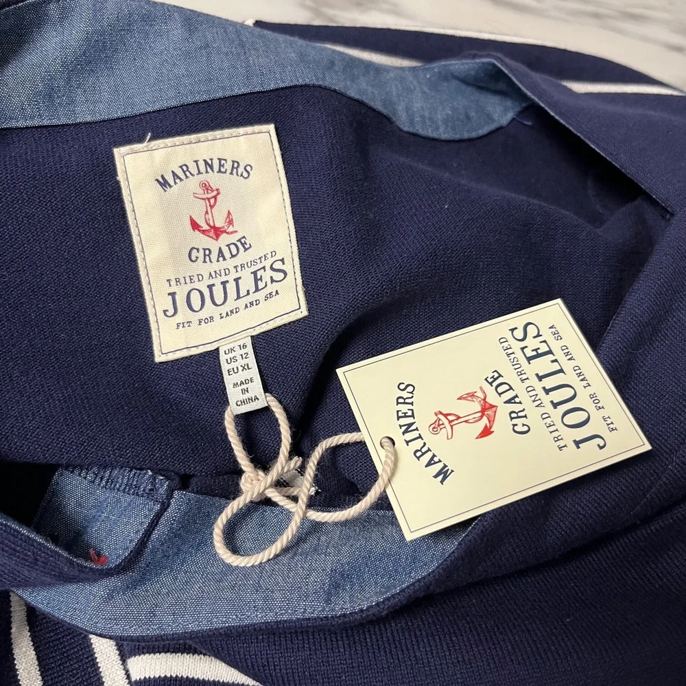 Joules Mariners Grade Navy Breton Striped Square Neck Dress Size 12 NWT